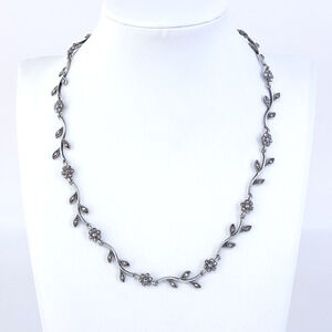 Vintage Sterling Silver 925 Floral Marcasite Leaf Necklace 17”